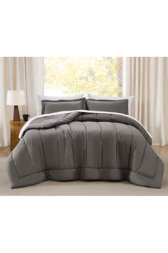 Oversized Cotton Percale Grey Full/Queen 3 Piece Comforter Set, Solid Color Themed, Oeko-TEX Certified Confidence