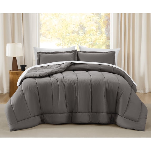 Brooklyn Loom Oversized Cotton Percale Grey Full/Queen 3 Piece Comforter Set, Solid Color Themed, Oeko-TEX Certified Confidence