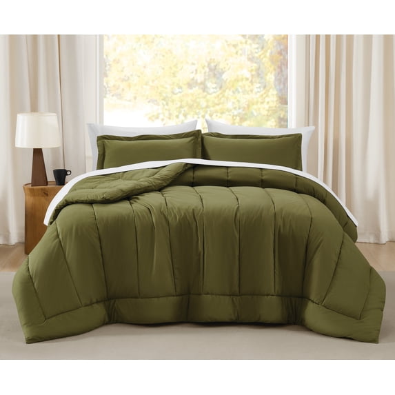 Brooklyn Loom Oversized Cotton Percale Olive Green Full/Queen 3 Piece Comforter Set, Solid Color Themed, Oeko-TEX Certified Confidence
