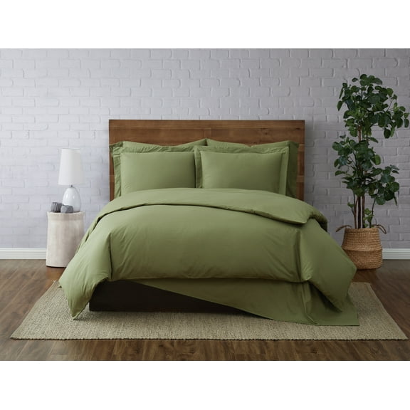 Brooklyn Loom Classic Cotton 200 Thread Count Solid 100% Cotton Percale 3-Piece Full/Queen Duvet Set in Olive Green, Cotton , Adult, All Season, OEKO-TEX Certified