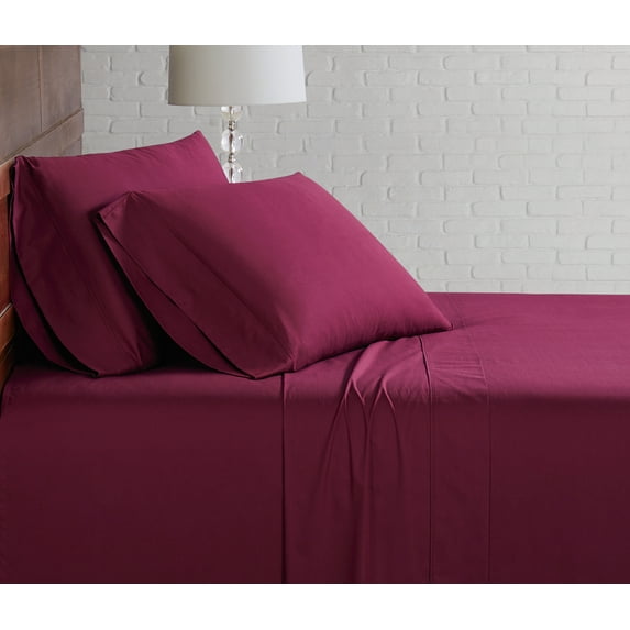 Brooklyn Loom Classic Cotton 200 Thread Count Solid Percale 100% Cotton Deep Pocket Burgundy 4-Piece Queen, All Season, Adult Size, OEKO-TEX Certified