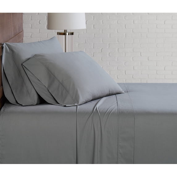 Brooklyn Loom Classic Cotton 200 Thread Count Solid Percale 100% Cotton Deep Pocket Grey 4-Piece Queen, All Season, Adult Size, OEKO-TEX Certified