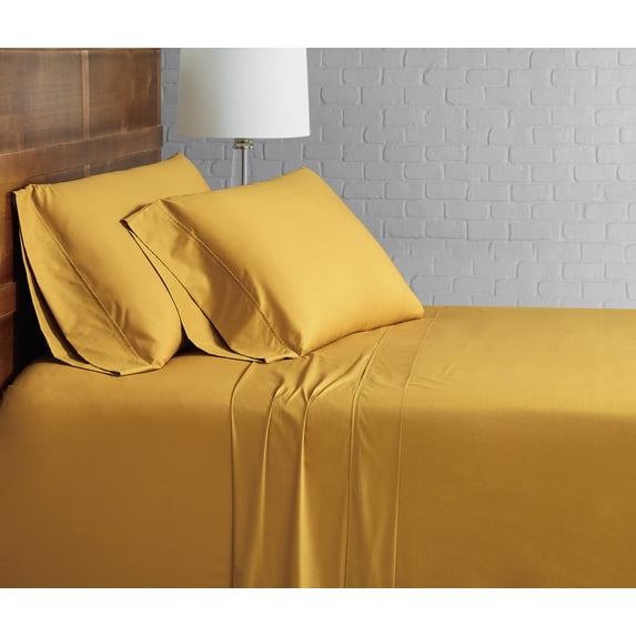 Brooklyn Loom Classic Cotton 200 Thread Count Solid Percale 100% Cotton Deep Pocket Mustard 4-Piece Full, All Season, Adult Size, OEKO-TEX Certified