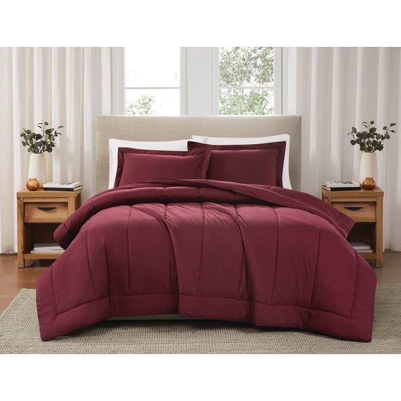 Brooklyn Loom Solid 100% Cotton Percale Burgundy 3-Piece Full/Queen Comforter Set, Solid Casual themed, Adult Bedding, OEKO-TEX Certified