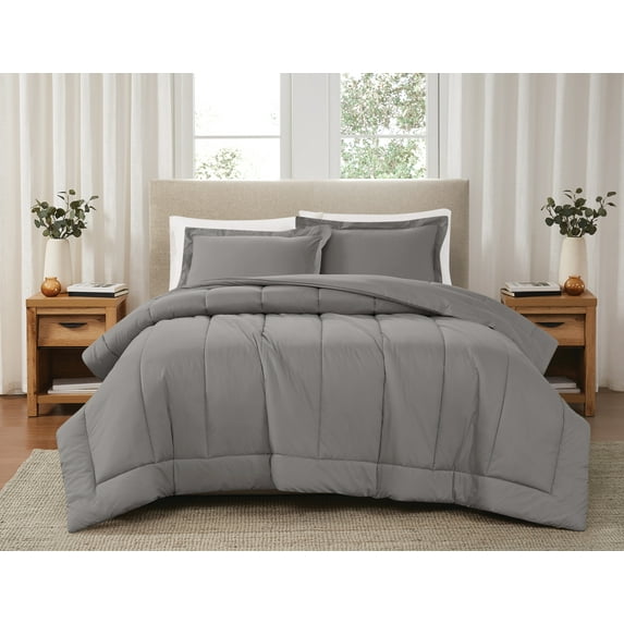 Brooklyn Loom Solid 100% Cotton Percale Grey 3-Piece King Comforter Set, Solid Casual themed, Adult Bedding, OEKO-TEX Certified