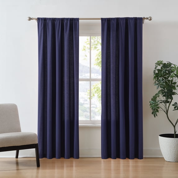 Brookyln Loom Solid 100% Cotton Percale Weave Rod Pocket Navy 2-Piece 50x84 Window Curtain Pair, Solid Casual themed, Adult Bedding, OEKO-TEX Certified