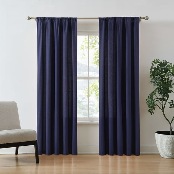 Brookyln Loom Solid 100% Cotton Percale Weave Rod Pocket Navy 2-Piece 50x96 Window Curtain Pair, Solid Casual themed, Adult Bedding, OEKO-TEX Certified