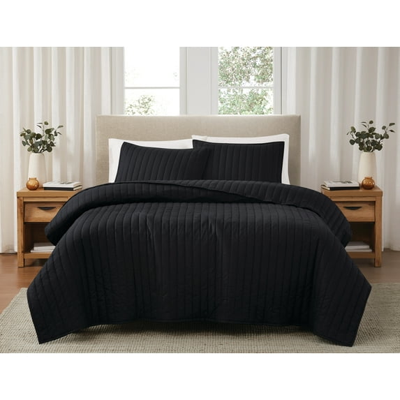 Brooklyn Loom Classic Solid 100% Cotton 200 Thread Count Percale Black 3-Piece Full/Queen Quilt Set, Solid Casual themed, Adult Bedding, OEKO-TEX Certified