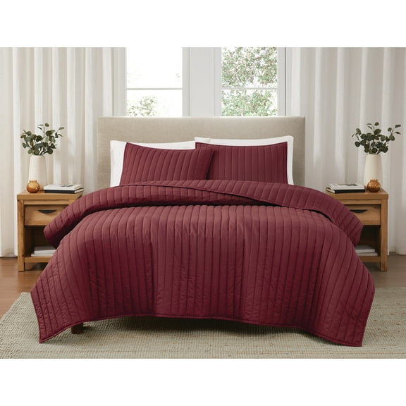 Brooklyn Loom Classic Solid 100% Cotton 200 Thread Count Percale Burgundy 3-Piece Full/Queen Quilt Set, Solid Casual themed, Adult Bedding, OEKO-TEX Certified