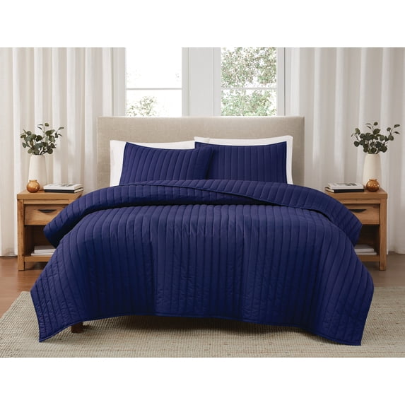 Brooklyn Loom Classic Solid 100% Cotton 200 Thread Count Percale Navy 2-Piece Twin Quilt Set, Solid Casual themed, Adult Bedding, OEKO-TEX Certified