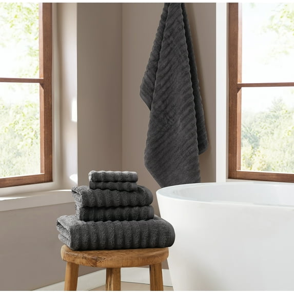 Brooklyn Loom Textured Zero Twist Grey 6 Piece Towel Set, Solid Color, Oeko-TEX Certified