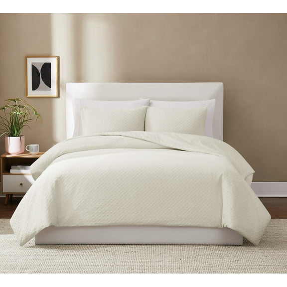 Brooklyn Loom Woven Texture Cream Full/Queen 3 Piece Comforter Set, Solid Color Themed, Oeko-TEX Certified Confidence