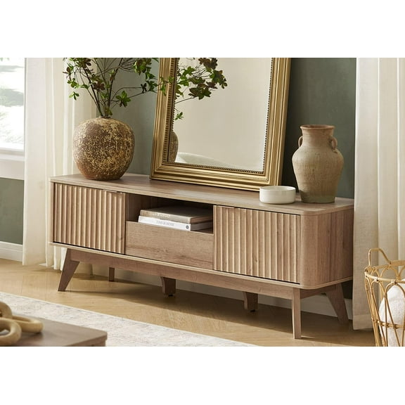 Brooklyn Mid-Century Modern TV Stand, for TVs up to 50 / 59" Waveform Panel, Sleek Curved Profile with Adjustable Shelf and Sturdy Box Frame Leg (Golden Oak, 57")