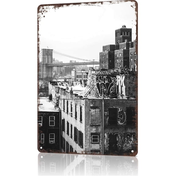 Brooklyn New York City Vintage City Landscape Metal Tin Sign, Retro Travel Tin Signs Posters For Man Cave Bar Garage Car Room Streets Wall Decor 8 X 12 Inch