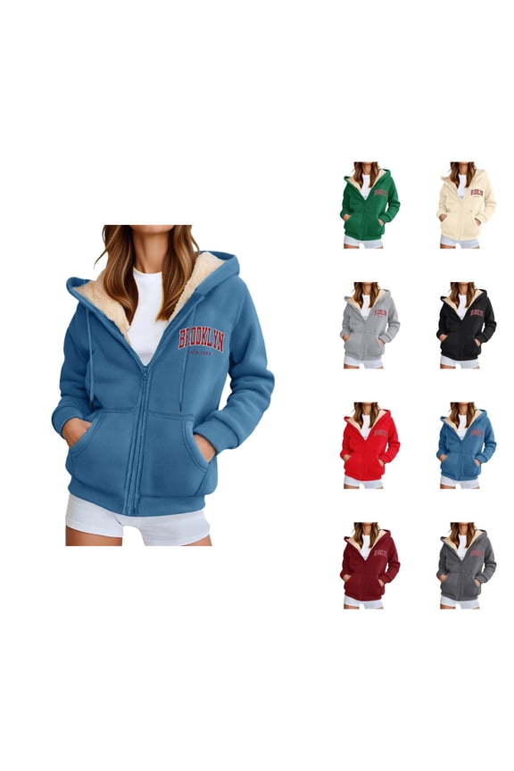 Brooklyn New York Hoodies for Women Fall Winter Long Sleeve Fleece Lined Zip Up Hooded Sweatshirt Jacket with Pockets