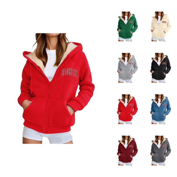 Brooklyn New York Hoodies for Women Fall Winter Long Sleeve Fleece Lined Zip Up Hooded Sweatshirt Jacket with Pockets