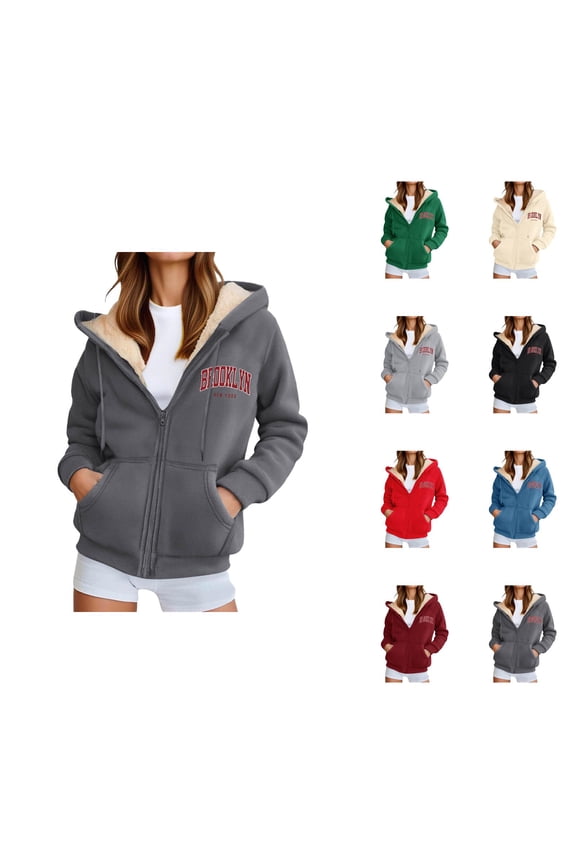 Brooklyn New York Hoodies for Women Fall Winter Long Sleeve Fleece Lined Zip Up Hooded Sweatshirt Jacket with Pockets
