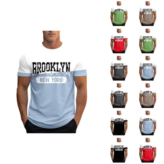 Brooklyn New York Letter Graphic Tees for Men 2026 Summer Casual Short Sleeve Crewneck Color Block T Shirts
