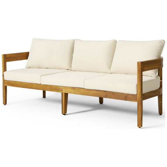 Brooklyn Outdoor Acacia Wood 3 Seater Sofa with Cushions, Teak and Beige