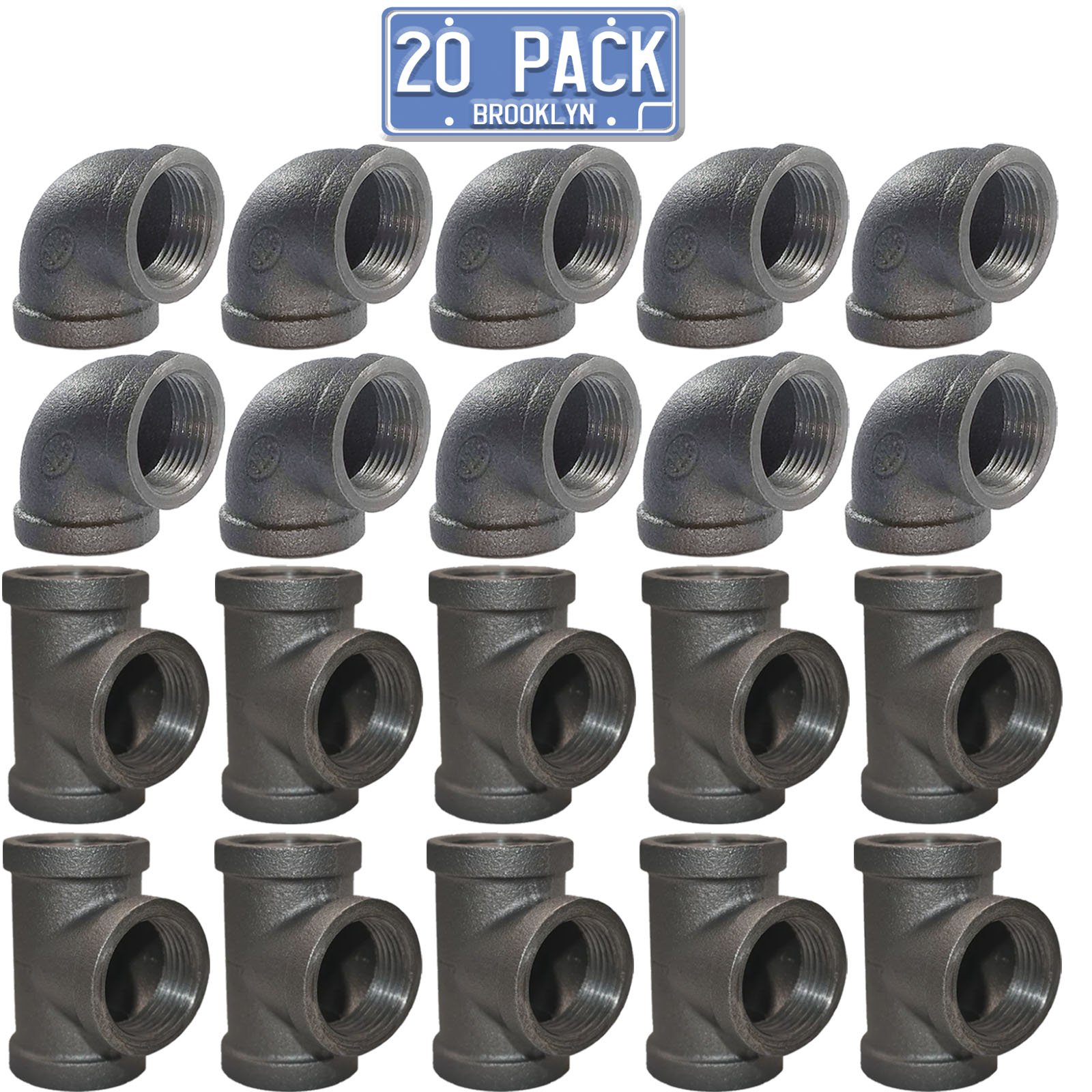Brooklyn Pipe 1/2 Pipe Fitting Combo Pack - 10 Pipe Elbows, 10 Pipe Tees for DIY Projects - image 1 of 7