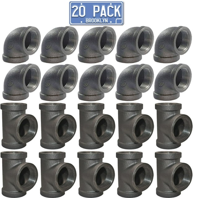 Brooklyn Pipe 1/2 Pipe Fitting Combo Pack - 10 Pipe Elbows, 10 Pipe Tees for DIY Projects