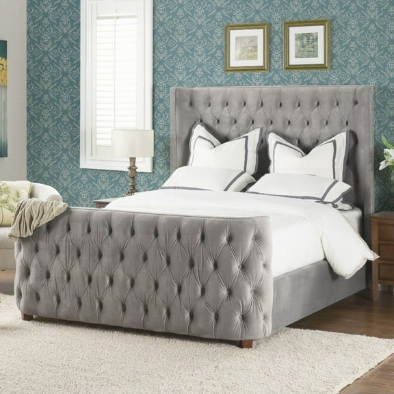 Brooklyn Queen Velvet Bed Headboard and Footboard - Hand Gathered Diamond Tufting & 4 Box Spring Support Beams