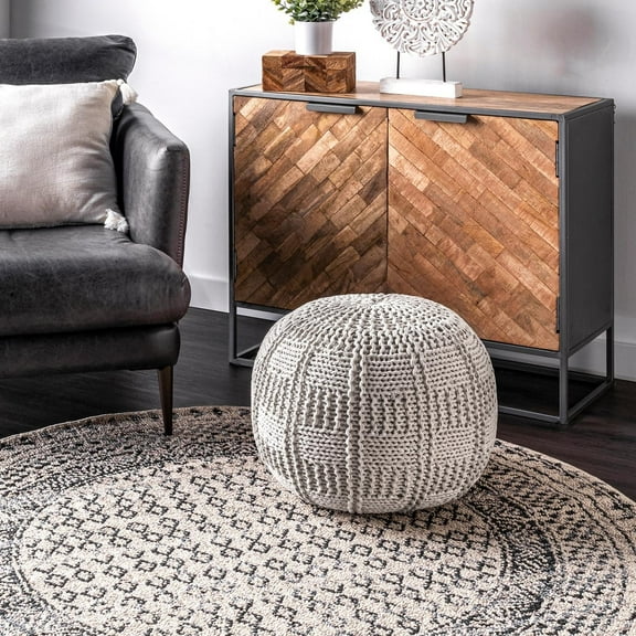 Brooklyn Rug Co  Casual Knitted Cotton Basketweave Pouf Ivory