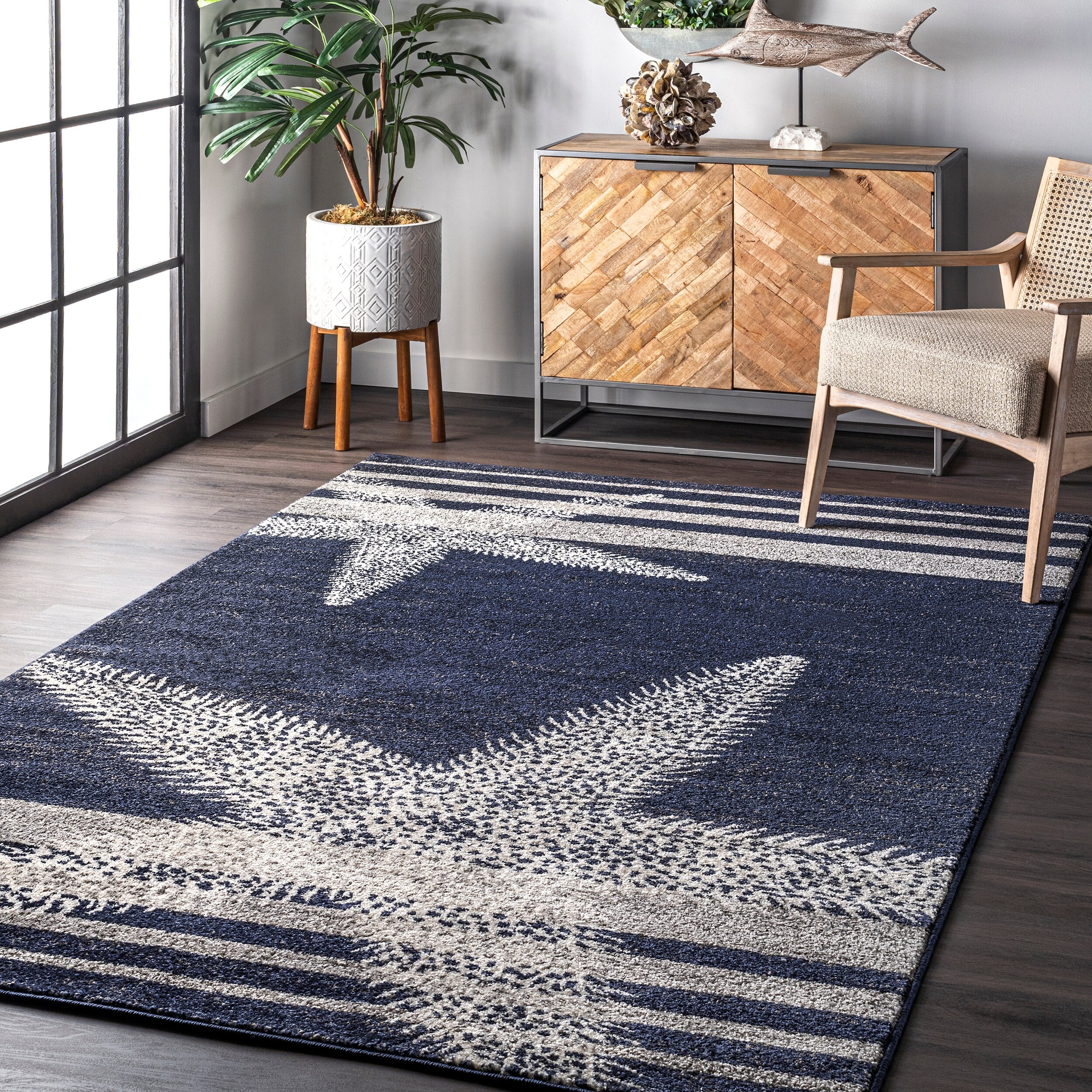 Coastal Charm Blue Stripe Synthetic Area Rug 5' x 8'