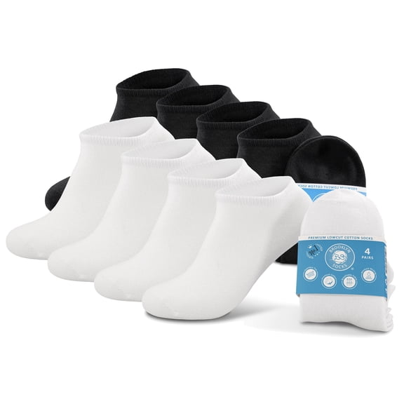 Brooklyn Socks 8 pairs ofLow Cut Comfort Cotton Socks, Seamless Toe, Breathable, Non-Terry, 4 White and 4 Black - Size 7 - 8.5