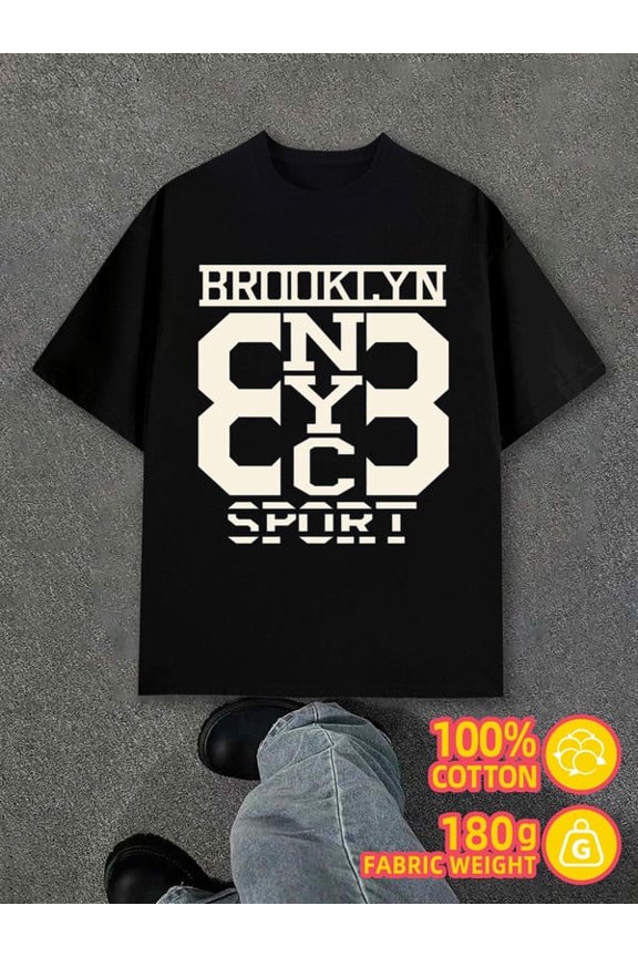 Brooklyn Sport Tee mens black 180G 100% Cotton Unique designs, summer prints Fashion Unisex Shirt Crewneck tshirts Original Unisex Shirt Printed tshirts