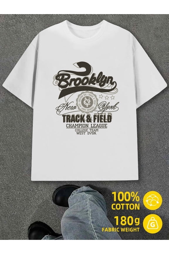 Brooklyn Track & Field men white 180G 100% Cotton Daily and weekend wear Basic Unisex Shirt Crewneck tshirts Basic Unisex Shirt Printed tshirts Fashion Unisex Shirt Graphic tshirts