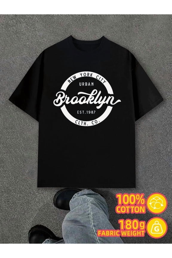 Brooklyn Urban T-shirt mens black 180G 100% Cotton New spring and fall printed T-shirts,fashionable and trendy Vintage Unisex Shirt Cotton tshirts