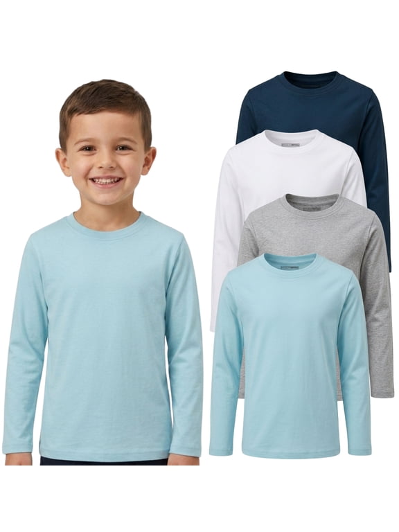 Boy's Long Sleeve Crew Neck Soft Cotton T-Shirts, 4 Pack