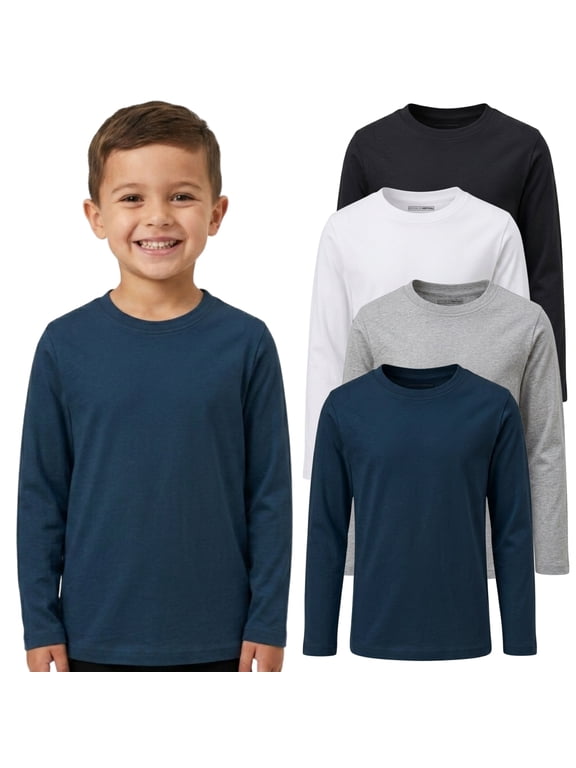 Boys 4-Pack Long Sleeve Cotton Tee Shirts – Soft, Comfortable Undershirts for Kids, Basic Layering Shirts