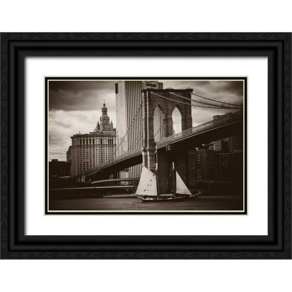 Brooknam, John 14x11 Black Ornate Wood Framed with Double Matting Museum Art Print Titled - The Sailboat and the Bridge