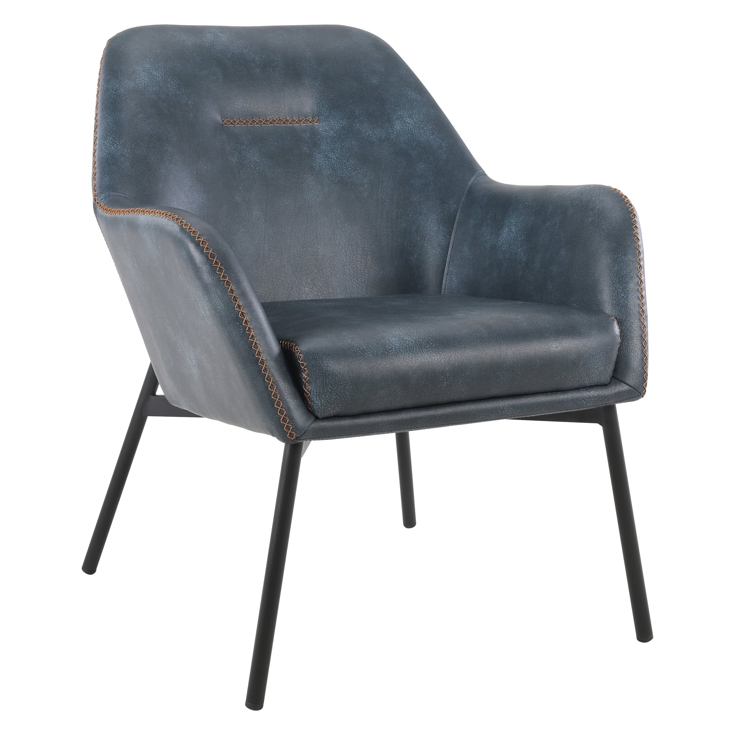 Navy Faux Leather Barrel Accent Chair with Gold Stitch and Black Metal Legs
