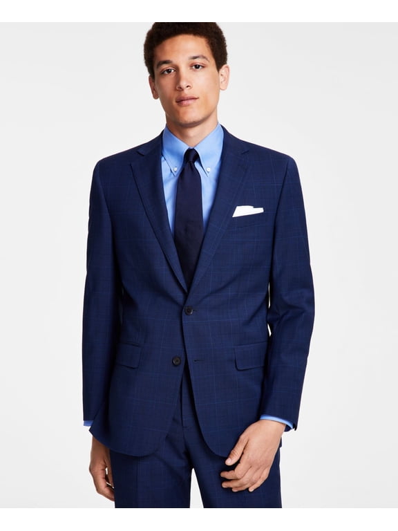 Mens Classic-Fit Stretch Pinstripe Wool Blend Suit Jackets, Navy, 44L