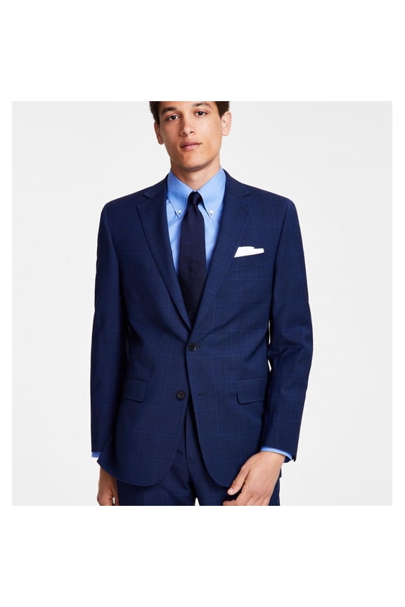 Mens Classic-Fit Stretch Navy Plaid Suit Jacket 42S