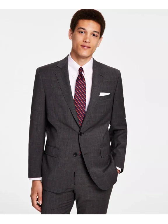 Mens Classic-Fit Stretch Pinstripe Suit Jacket, Brown Plaid, 42L
