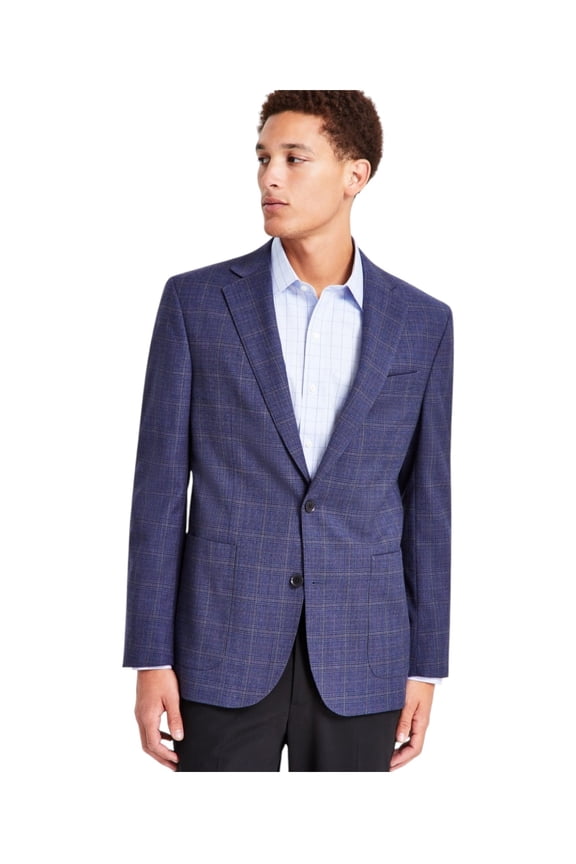 Mens Classic fit Sport Coat Blazer 40 R Navy Blue Plaid Stretch