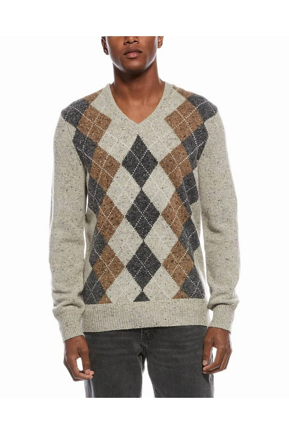 mens Argyle Wool-Blend V-Neck Sweater, s, Tan