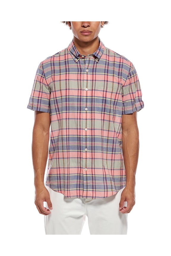 mens Sport Fit Madras Shirt, l, Pink