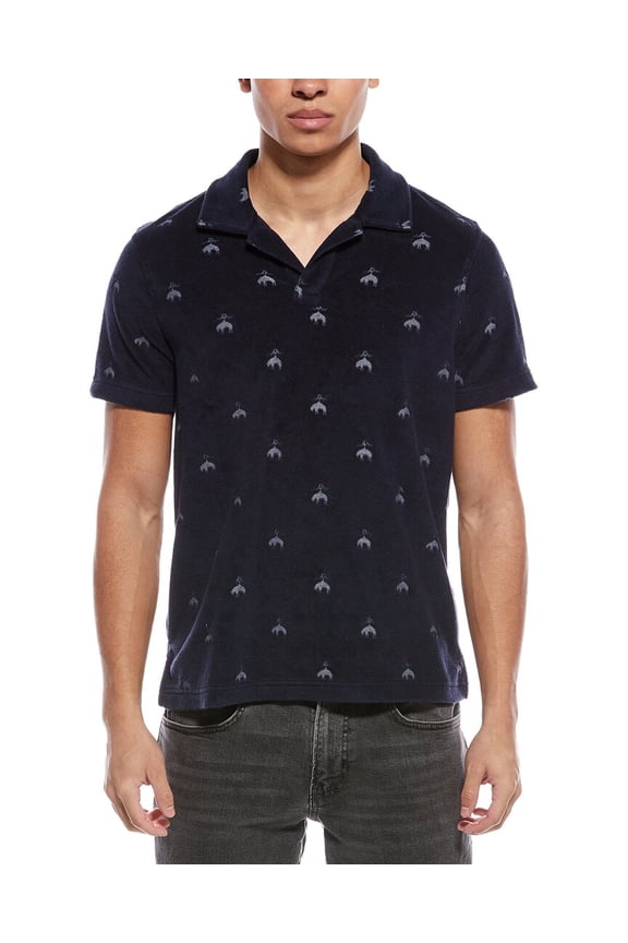 mens Terry Cloth Fleece Jacquard Polo, XL, Navy