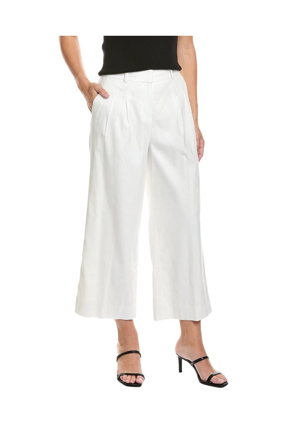 womens  Linen Blend Cropped Wide Leg Pant, 10, White