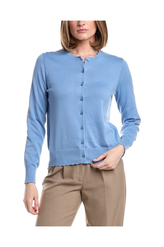 womens Scalloped Pointelle Trim Cardigan, l, Blue