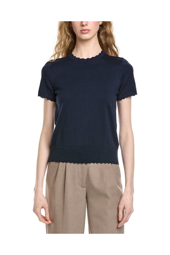 womens Scalloped Pointelle Trim Sweater, XL, Blue