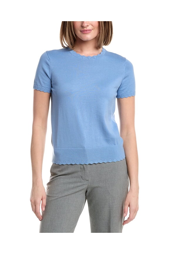 womens Scalloped Pointelle Trim Sweater, l, Blue