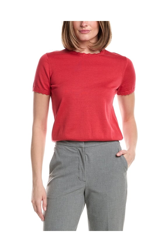 womens Scalloped Pointelle Trim Sweater, l, Red