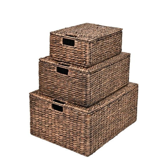 Brooks Classic Farmhouse Metal/Hyacinth Rectangular Storage Decorative Baskets with Lids and Handles, Brown (Set of 3)