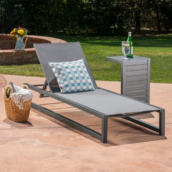 Brooks Outdoor Aluminum Frame Chaise Lounge with Matching Table, Grey Mesh, Black